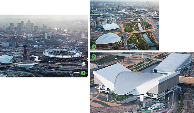 ALÉM DE ÚTIL,BONITO  um cartão-postal para stratford  O Parque Olímpico  (1)  se transformará no maior parque urbano construído nos últimos cem anos. Com mais de cem hectares,  o complexo possui, além das construções, oito quilômetros de hidrovias (2). A (Foto: Getty Images)